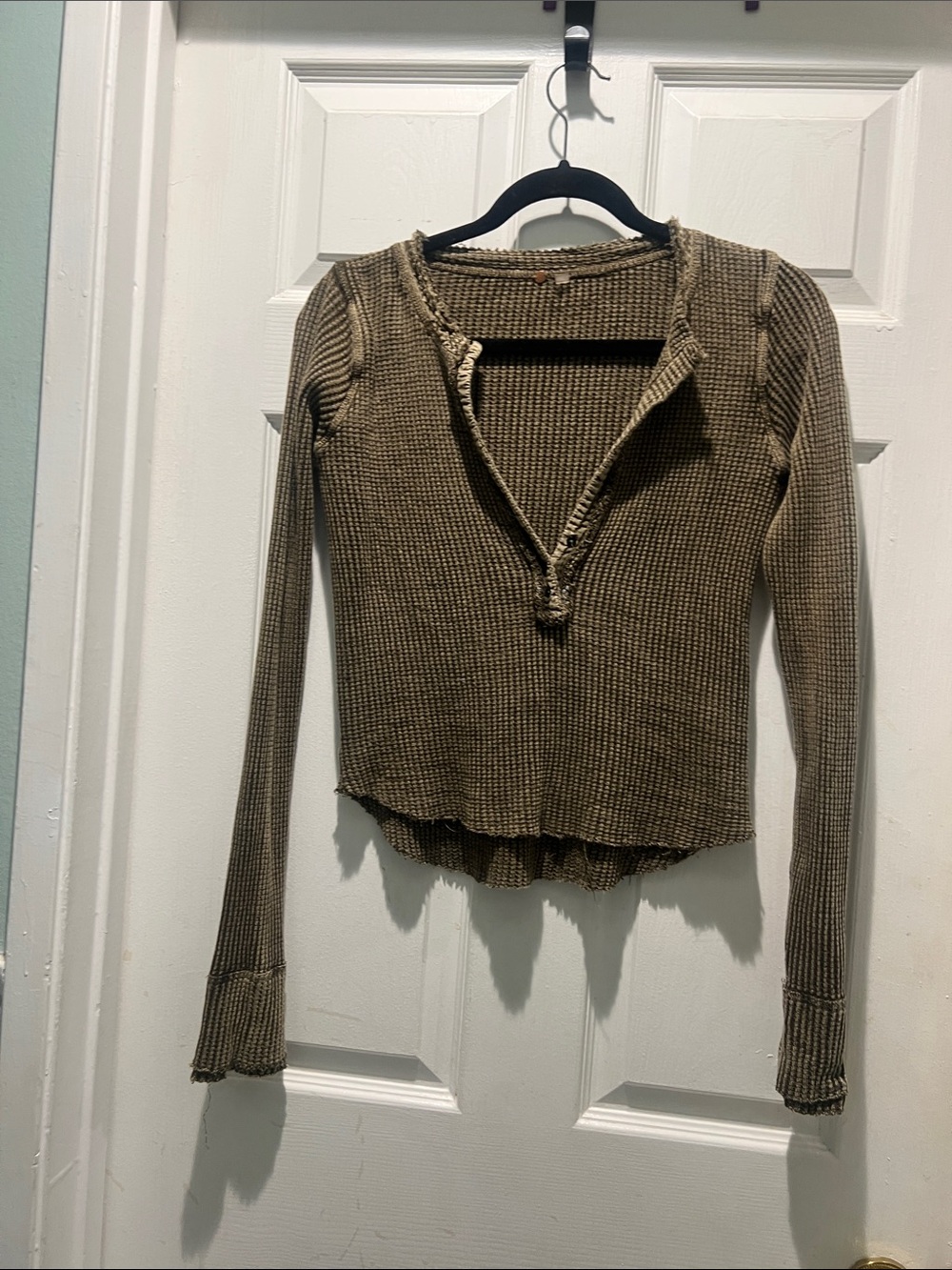 Free People Olive Ribbed Henley Long Sleeve Top - Picture 1 of 9